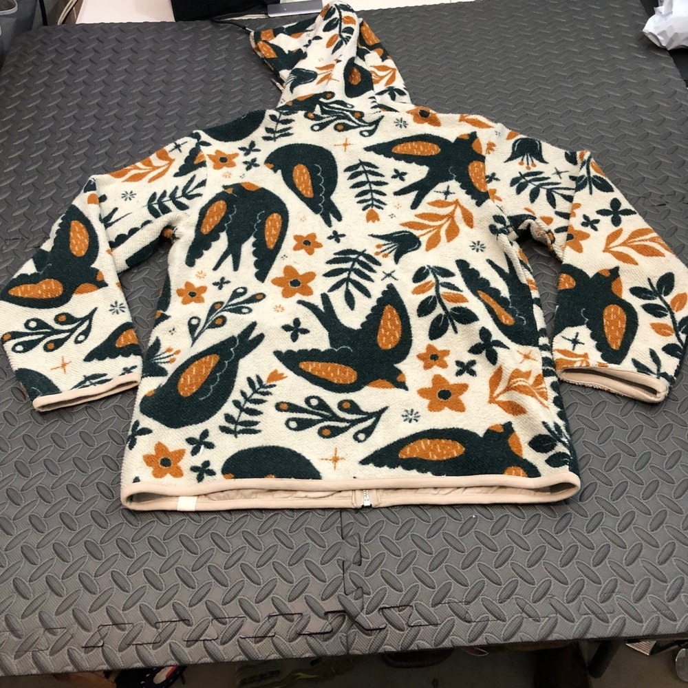 Happy Earth Fleece Hoodie Jacket Unisex Medium Cream Green Bird Floral Zip Up - Picture 9 of 9